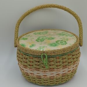 Vintage Japanese Sewing Basket Wicker Floral Lidded Green Handle Retro